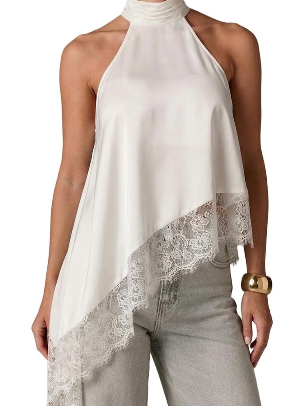 Women's Cream High-Neck Asymmetrical Lace-Trim Top